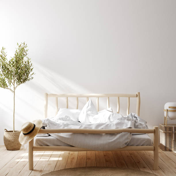 istock Farmhouse bedroom interior, wall mockup 1217873177