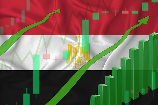 Rising against the background of the flag of Egypt and rising prices for the currency of the country. Rising stock prices of companies and cryptocurrencies.