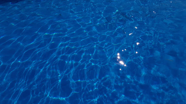 istock Blurry motion of shiny blue pool water surface with sparkling sunlight glares and wave pattern. Waving water texture background with copy space. 1217874258