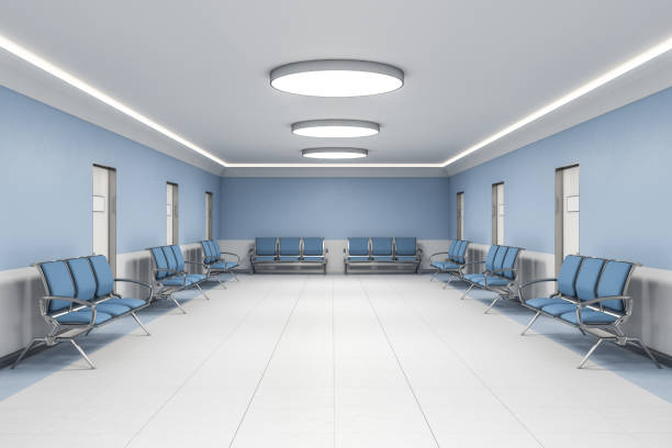 istock Contemporary waiting room in blue hospital interior 1217875751