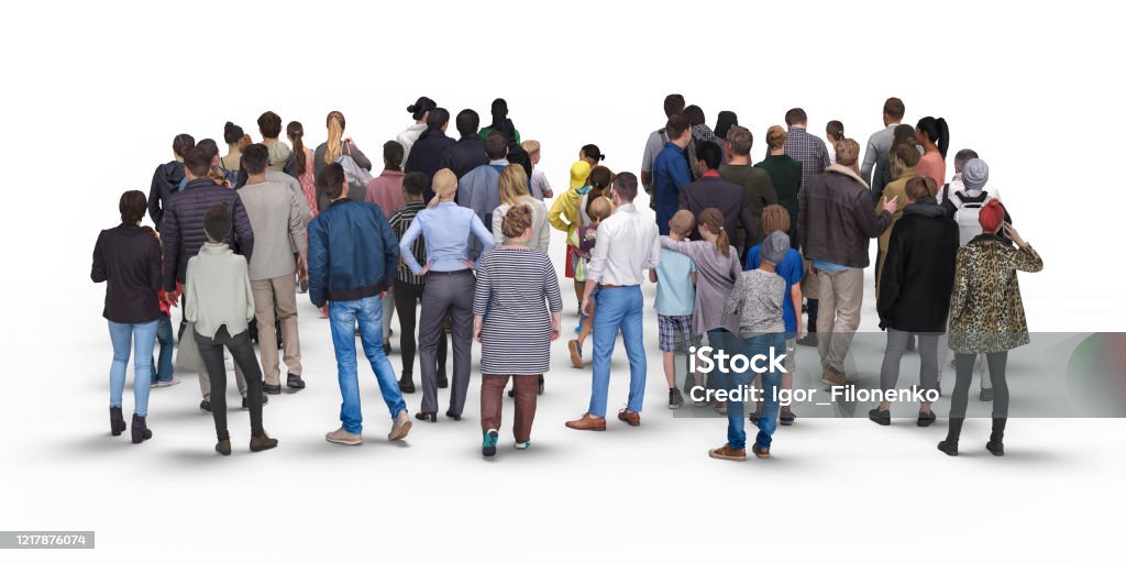 Crowd or queue rear view. Illustration on white background, 3d rendering isolated. Rear View Stock Photo