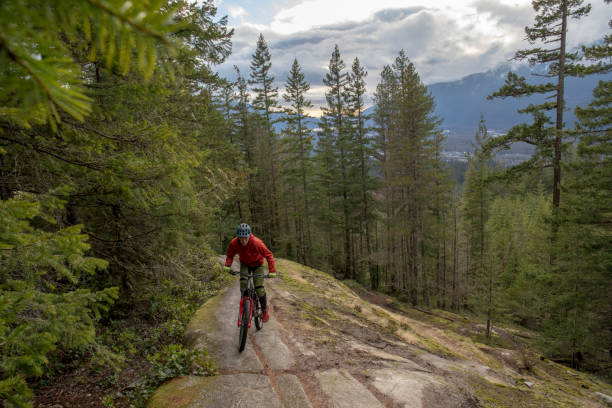 istock Mountain biker rides bike down challenging slab feature 1217877245