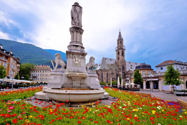 Bolzano main square Waltherplatz flowers and archiecture view, South Tyrol region of Italy