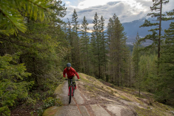 istock Mountain biker rides bike down challenging slab feature 1217877576