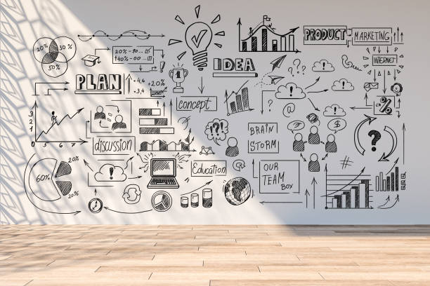 istock Drawing global business sketch on wall. 1217877593