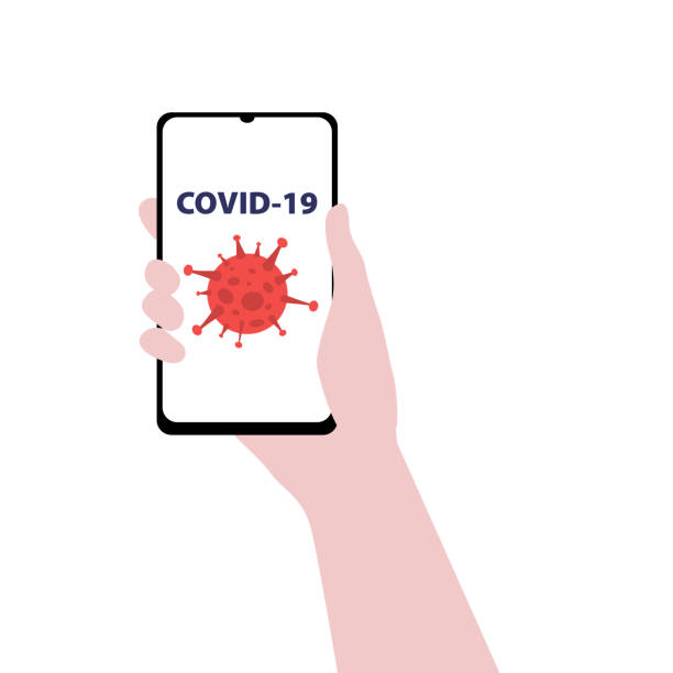 istock Vector illustration of hand with smartphone with covid-19 virus on screen. 1217877733