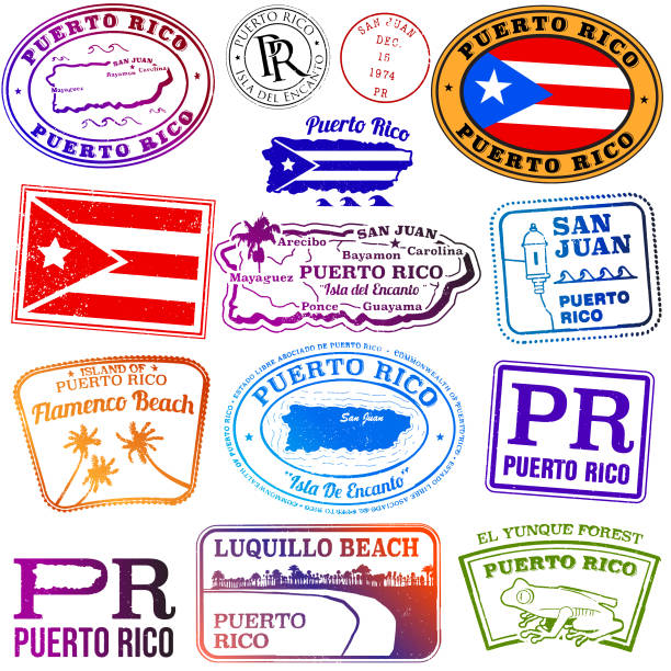 ilustraciones, imágenes clip art, dibujos animados e iconos de stock de sellos de viaje de estilo vintage de puerto rico - puerto rico