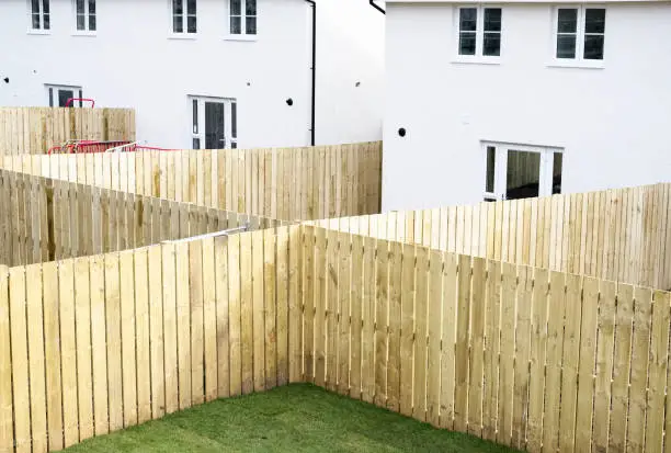 Garden fence made of wood planks across new build houses uk