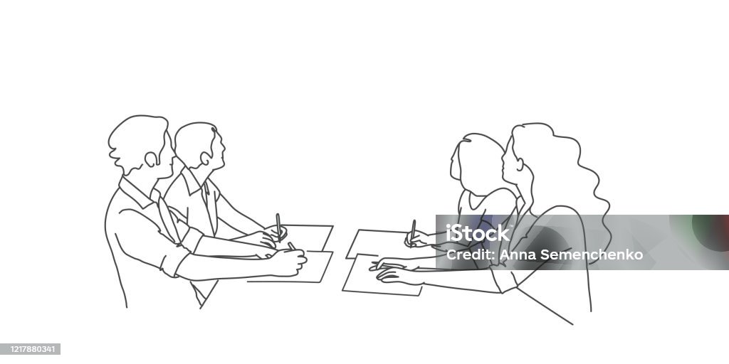Business meeting Line drawing illustration of business meeting at the table. Line Art stock vector