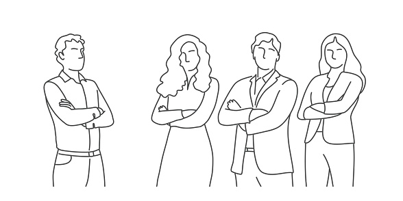 Business people stand with arms crossed. Line drawing illustration.