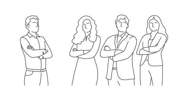 Group of people Business people stand with arms crossed. Line drawing illustration. person outline drawing stock illustrations