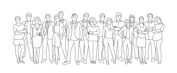 Group of people Group of business people. Teamwork. Line drawing vector illustration. crowd of people drawings stock illustrations