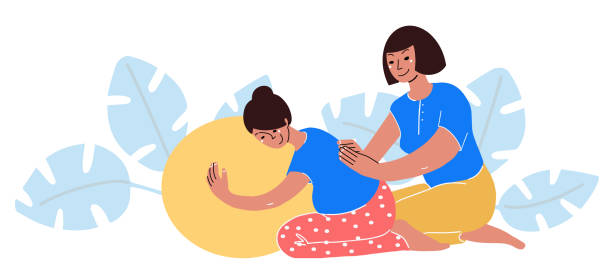 doula unterstützen stattdessen partner schwangere frau. - relaxation exercise child mother human pregnancy stock-grafiken, -clipart, -cartoons und -symbole