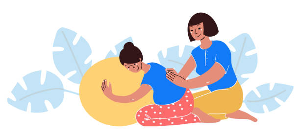 ilustrações de stock, clip art, desenhos animados e ícones de doula support instead partner pregnant woman. - relaxation exercise child mother human pregnancy