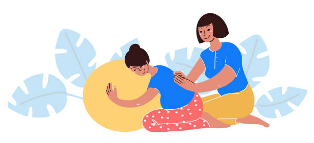 Doula support instead partner pregnant woman. Doula support instead partner pregnant woman. help physical and emotional labour and birth to go smoothly. midwife doing massage. Vector illustration flat design parent guide stock illustrations