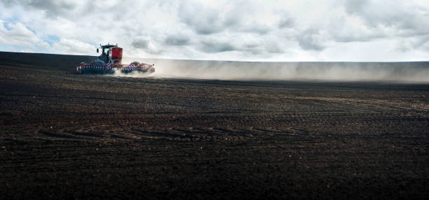 Panoramic view, tractor work plow the field with durst . Agricultural works for processing, tillage. Farmers preparing the land and fertilizing. Farmland, tractor with seeder, sowing and fertilizer Panoramic view of tractor work plow the field with durst . Agricultural works for processing, tillage. Farmers preparing the land and fertilizing. Farmland, tractor with seeder, sowing and fertilizer apply fertilizer stock pictures, royalty-free photos & images