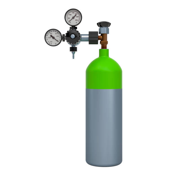 istock Oxygen tank, gas cylinder. 3D rendering isolated on white background 1217885930