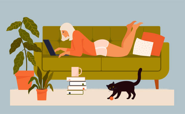 Cute young woman sitting on comfy chair with laptop computer in cozy room. Funny adorable girl working at home. Daily life of freelance worker, everyday routine. Flat cartoon vector illustration. Cute young woman sitting on comfy chair with laptop computer in cozy room. Funny adorable girl working at home. Daily life of freelance worker, everyday routine. Flat cartoon vector illustration. living room illustrations stock illustrations