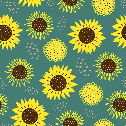 Seamless pattern with sun flowers. Cute hand drawn cartoon childish drawing style. Colorful background with ink texture vector illustration, good for fashion textile print.