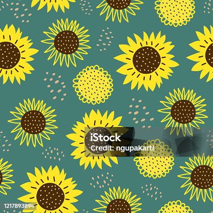 istock Seamless pattern with sun flowers. Cute hand drawn cartoon childish drawing style. Colorful background with ink texture vector illustration, good for fashion textile print. 1217893894