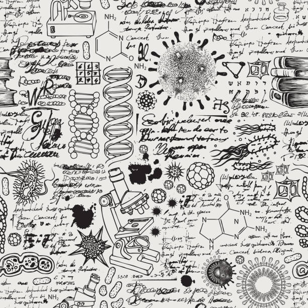 Hand-drawn seamless pattern on the science theme Vector seamless pattern on the theme of chemistry, biology, genetics, medicine. Hand-drawn background with sketches, doodles, illegible entries and notes. Black and white illustration in retro style coronavirus laboratory stock illustrations
