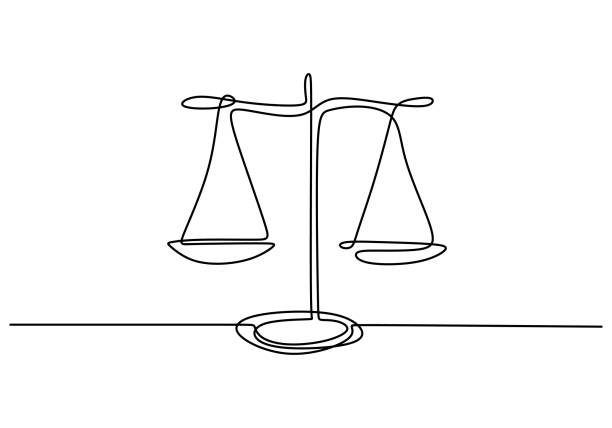 jeden rysunek linii równowagi prawa, lub ikona skali, symbol sądu i firmy. ilustracja wektorowa ciągła, ręcznie rysowana minimalizm. - prawnik obrazy stock illustrations