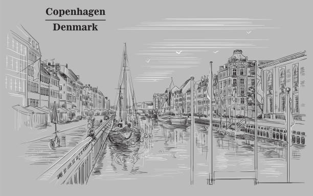 Pier in Copenhagen, grey Pier in Copenhagen, Denmark. Landmark of Denmark. Vector hand drawing illustration in black and white colors isolated on gray background. nyhavn stock illustrations