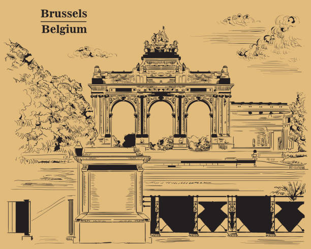 Triumphal arch in the park of the fiftieth anniversary in Brussels, brown The triumphal arch in the park of the fiftieth anniversary in Brussels (Belgium). Landmark of Brussels. Vector hand drawing monochrome illustration isolated on brown background. fiftieth stock illustrations