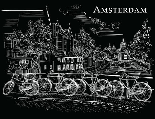 ilustrações de stock, clip art, desenhos animados e ícones de bicycles on bridge in amsterdam, black - famous place usa black background international landmark