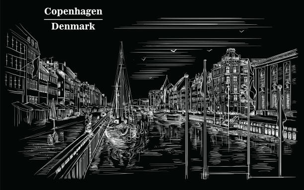 Pier in Copenhagen,black Pier in Copenhagen, Denmark. Landmark of Denmark. Vector hand drawing illustration in white color isolated on black background. nyhavn stock illustrations
