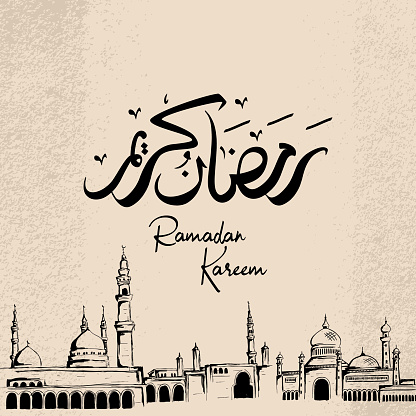 Ramadan Kareem hand drawn, vector illustration greeting banner. Vintage card celebration design with mosque drawing and arabic calligraphy, grunge background texture. Translated: Happy & Holy Ramadan.