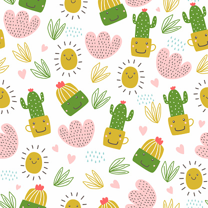Summer seamless pattern with cactus. Hand drawn botanical with kawaii cartoon emote.
