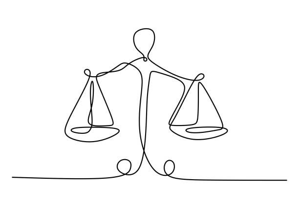 One line drawing of law balance, or Scale icon, symbol of court and firm. Vector illustration continuous hand drawn minimalism design. One line drawing of law balance, or Scale icon, symbol of court and firm. Vector illustration continuous hand drawn minimalism design. balance symbols stock illustrations