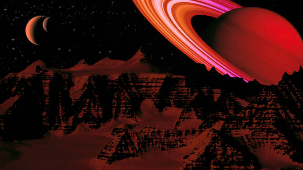 istock Saturn from Alien Planet Mountains - Copy Space - Astronomy Space Scene 1217896031