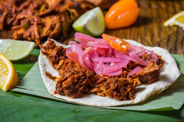 tostadas de cochinita pibil, servidas con condimentos tradicionales - pink pepper fotos fotografías e imágenes de stock