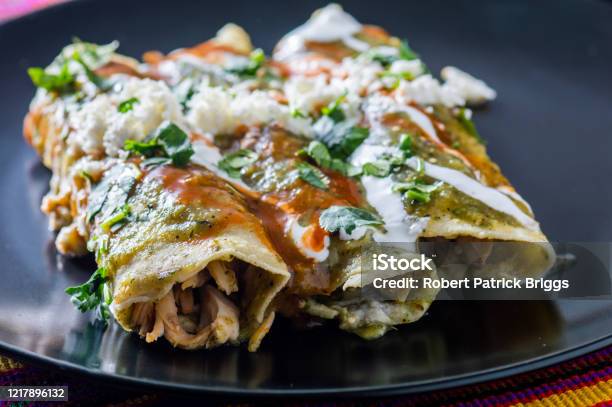 Chicken Filled Green Enchiladas Traditional Mexican Meal Stock Photo - Download Image Now
