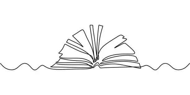 Vector illustration of One line drawing, open book. Vector object illustration, minimalism hand drawn sketch design. Concept of study and knowledge.