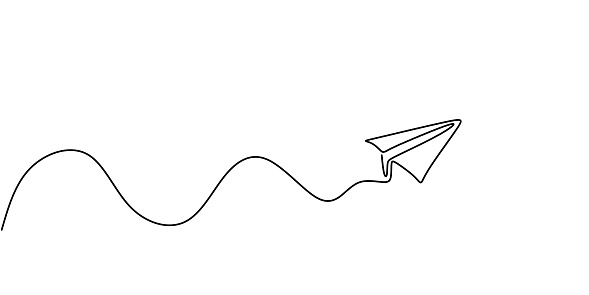 Paper plane continuous one line drawing, minimalism vector illustration. Symbol of creative and travel.