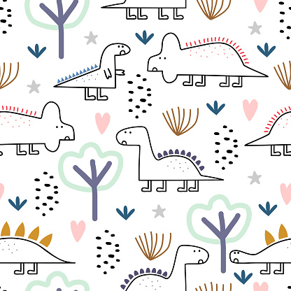 Dinosaur seamless pattern, Vector illustration with childish drawing pastel colors. Cute monster characters in jungle. Good for baby, kids, and children fashion, textile, print, and wrapping.