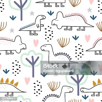 istock Dinosaur seamless pattern, Vector illustration with childish drawing pastel colors. Cute monster characters in jungle. Good for baby, kids, and children fashion, textile, print, and wrapping. 1217896612