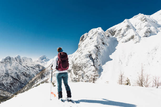 istock Ski touring woman with backpack in snowy mountains view from the back 1217897242