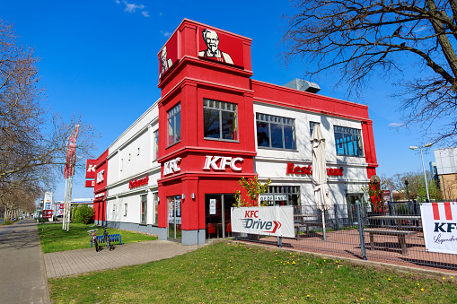 Hanover / Germany - April 7, 2020: Kentucky Fried Chicken logo on a KFC branch in Hanover, Germany.