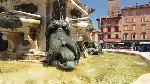 mermaids and neptune statues of bologna - bologna italy medieval palace imagens e fotografias de stock