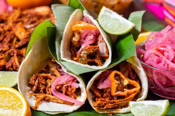 tacos cochinita pibil, cerdo marinado asado lento mexicano - pink pepper fotos fotografías e imágenes de stock