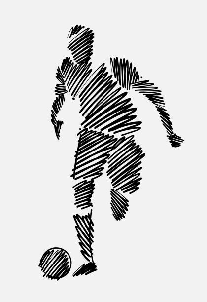 Black scribbled drawing of man football player running with the ball Black scribbled drawing of man football player running with ball on white background the black ball stock illustrations