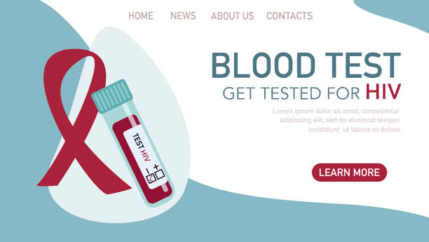 illustrations, cliparts, dessins animés et icônes de illustration de vecteur plat du ruban rouge et de l’essai sanguin avec l’essai de sang de texte pour le vih isolé sur le fond bleu. - test du sida