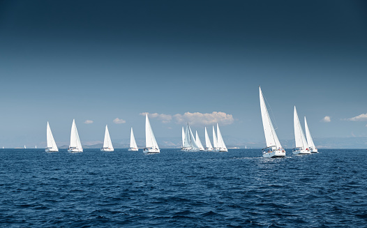 The race of sailboats, a sail regatta, reflection of sails on water, Intense competition, number of boat is on aft boats, island is on background