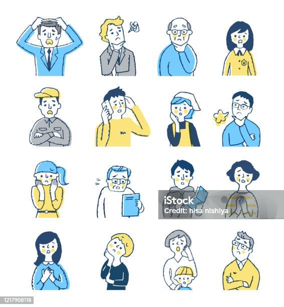 People Of Various Ages With Troubled Look Stock Illustration - Download Image Now - Illustration, Worried, People