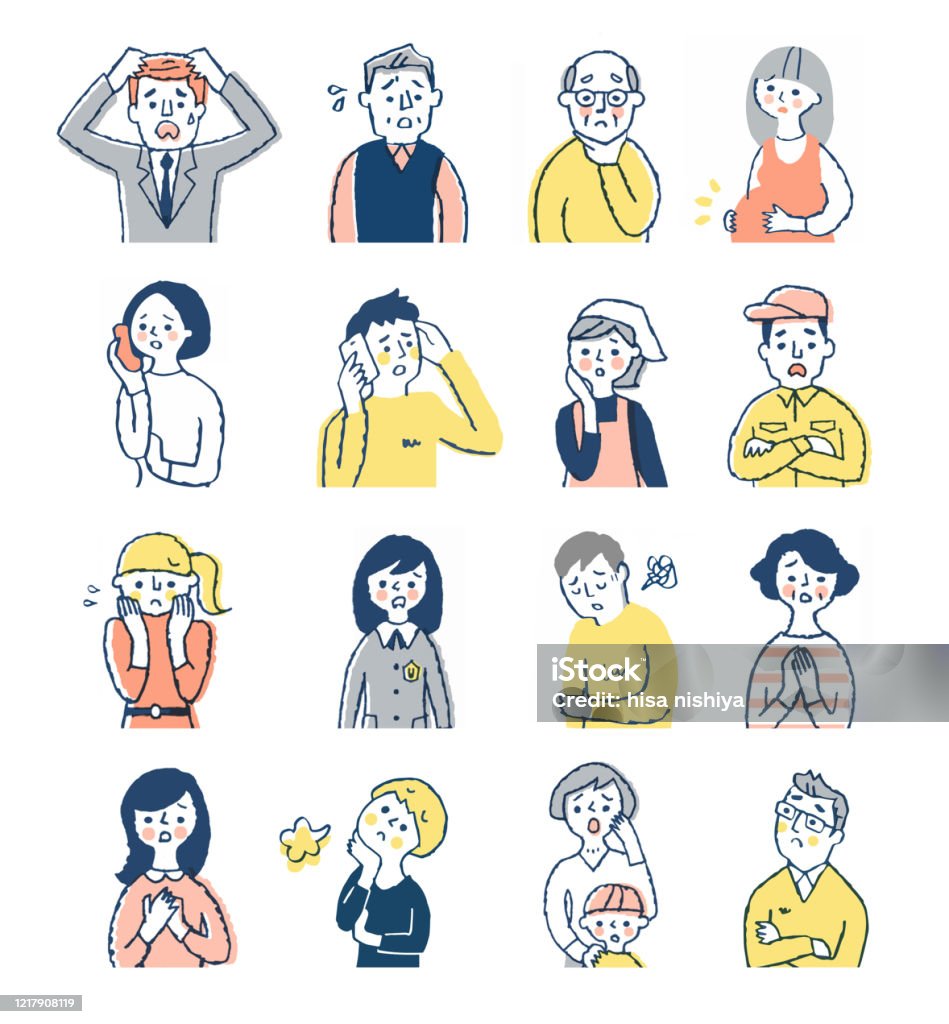 고민스러운 표정을 가진 다양한 연령대의 사람들 걱정하는에 대한 스톡 벡터 아트 및 기타 이미지 - 걱정하는, 찡그림, 문제 ...