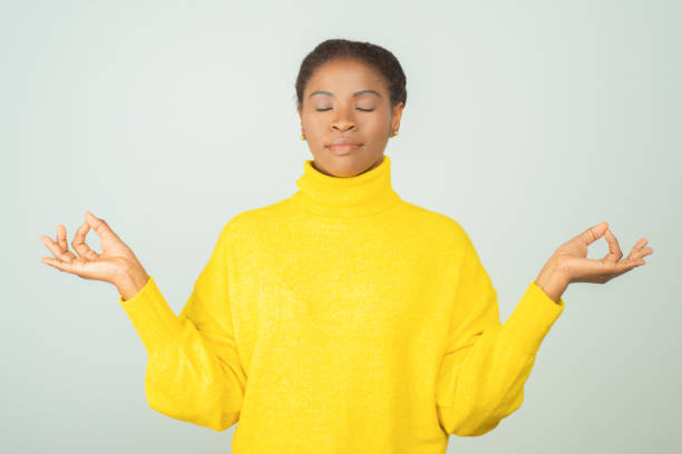 istock Peaceful serene black woman with closed eyes 1217908241